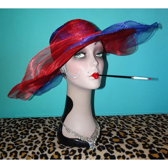 Vintage Purple & Red Sheer Wide Brim Sun Hat summer church hat pinup retro glam main image 11